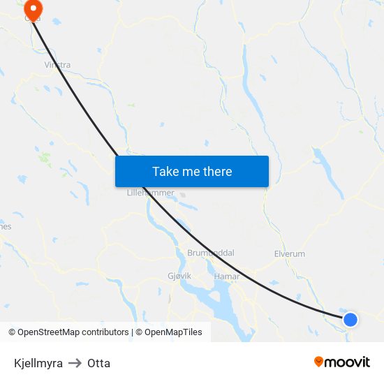 Kjellmyra to Otta map