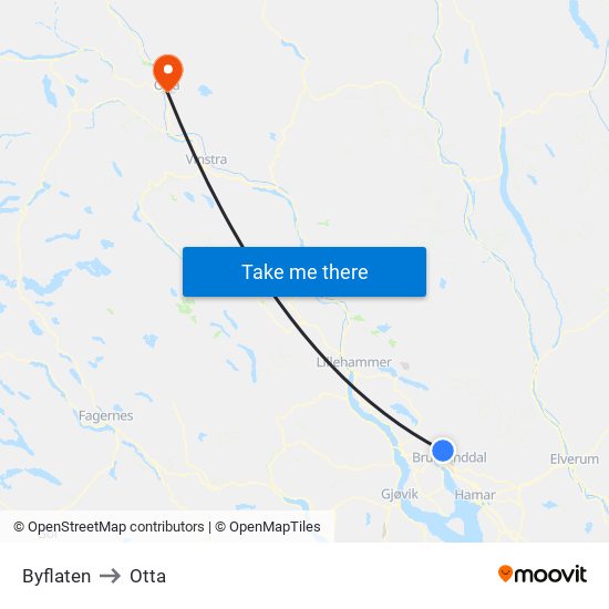 Byflaten to Otta map