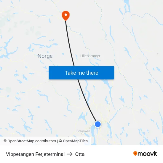 Vippetangen Ferjeterminal to Otta map