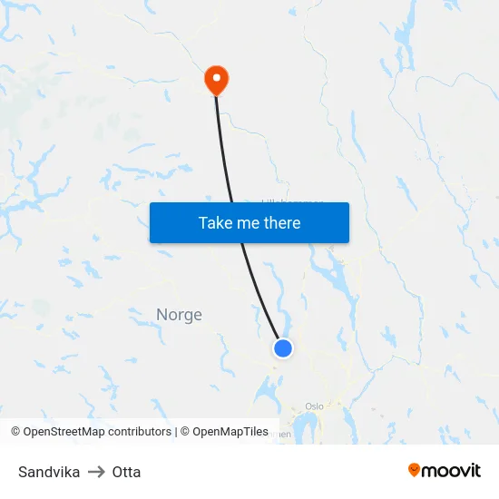 Sandvika to Otta map