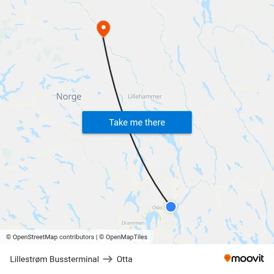 Lillestrøm Bussterminal to Otta map