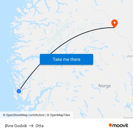 Øvre Godvik to Otta map