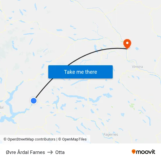 Øvre Årdal Farnes to Otta map