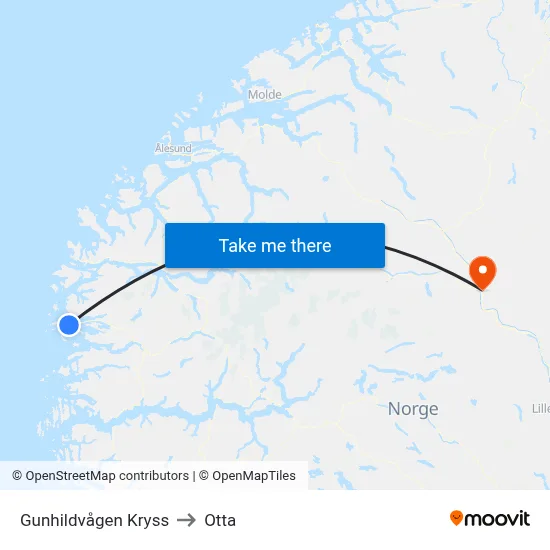 Gunhildvågen Kryss to Otta map