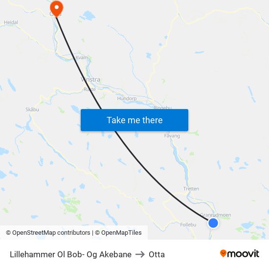 Lillehammer Ol Bob- Og Akebane to Otta map