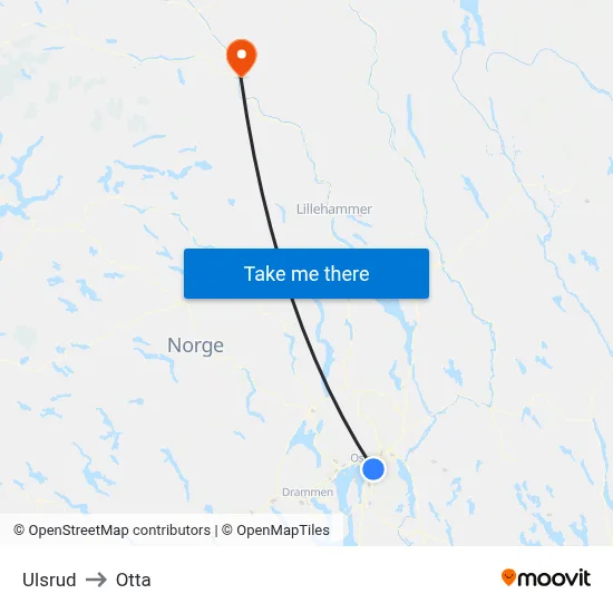 Ulsrud to Otta map