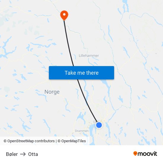 Bøler to Otta map