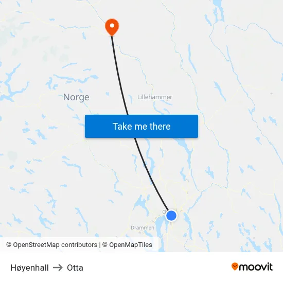 Høyenhall to Otta map