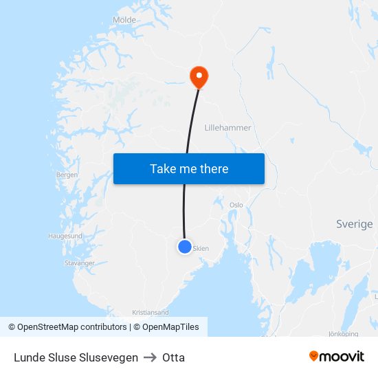 Lunde Sluse Slusevegen to Otta map