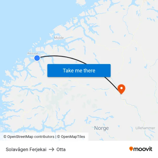 Solavågen Ferjekai to Otta map