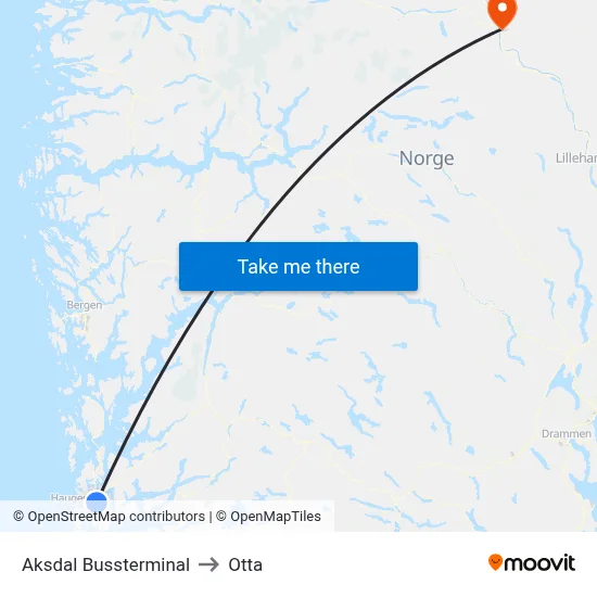 Aksdal Bussterminal to Otta map
