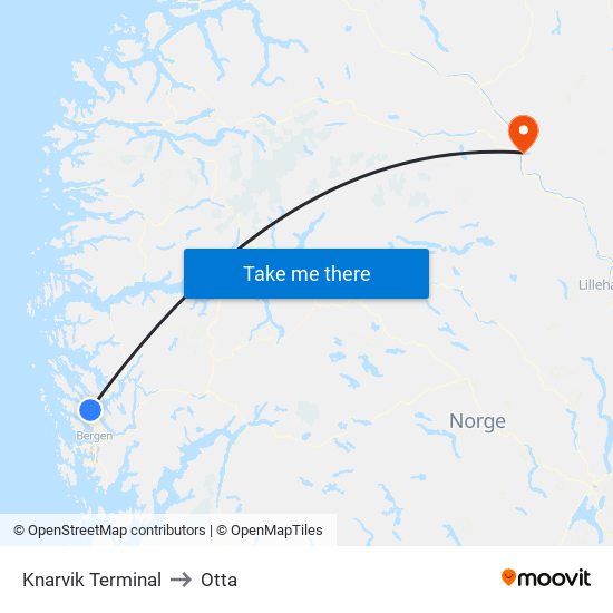 Knarvik Terminal to Otta map