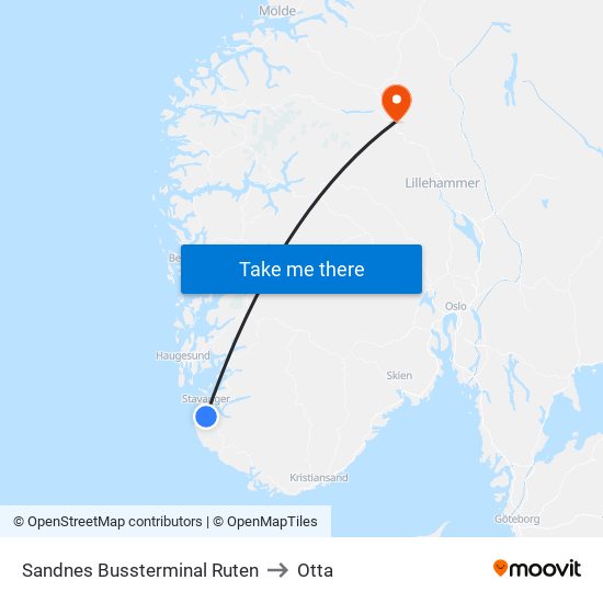 Sandnes Bussterminal Ruten to Otta map