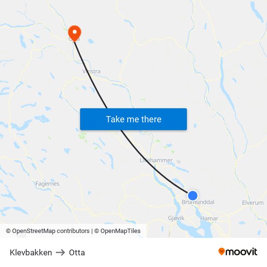 Klevbakken to Otta map