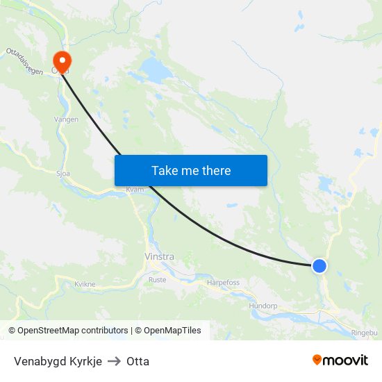 Venabygd Kyrkje to Otta map