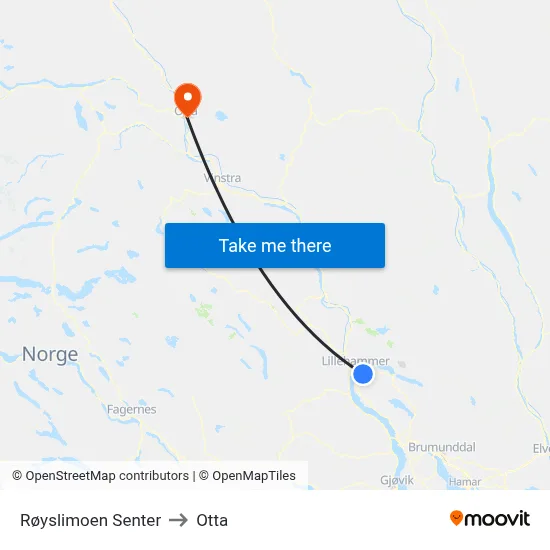 Røyslimoen Senter to Otta map