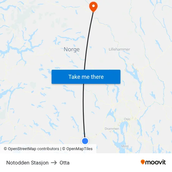 Notodden Stasjon to Otta map