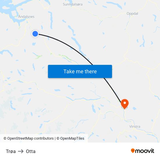 Trøa to Otta map