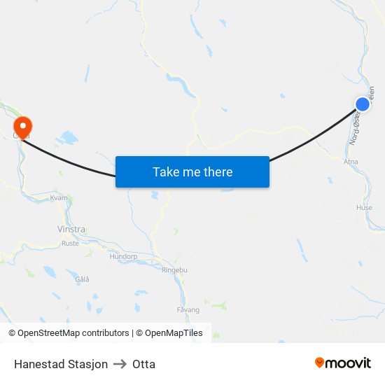 Hanestad Stasjon to Otta map