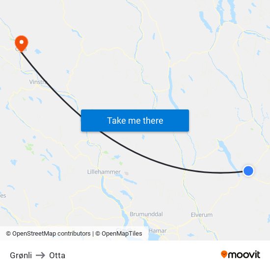 Grønli to Otta map