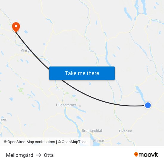 Mellomgård to Otta map