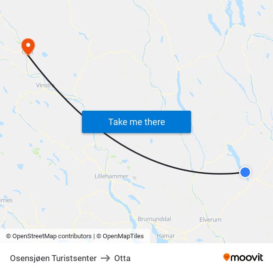 Osensjøen Turistsenter to Otta map