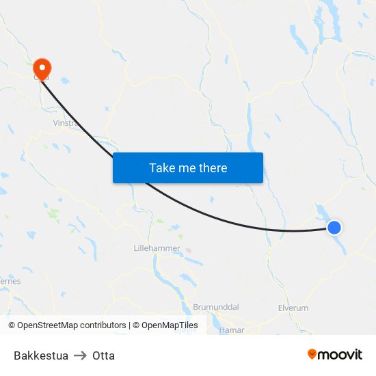 Bakkestua to Otta map