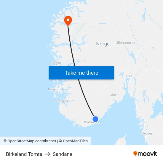 Birkeland Tomta to Sandane map
