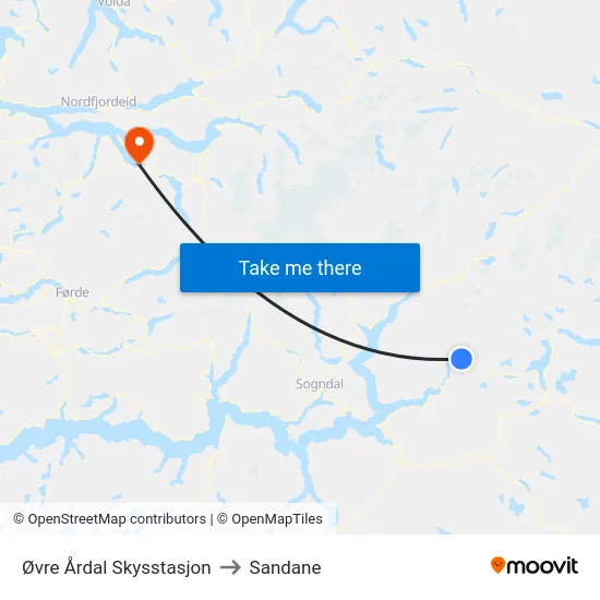 Øvre Årdal Skysstasjon to Sandane map