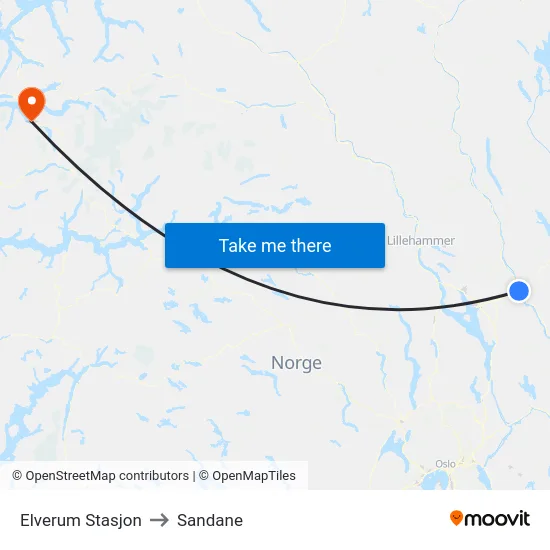 Elverum Stasjon to Sandane map