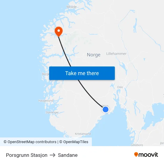 Porsgrunn Stasjon to Sandane map