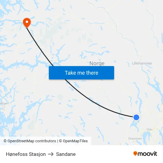 Hønefoss Stasjon to Sandane map