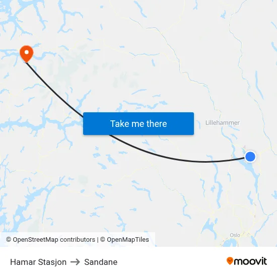 Hamar Stasjon to Sandane map