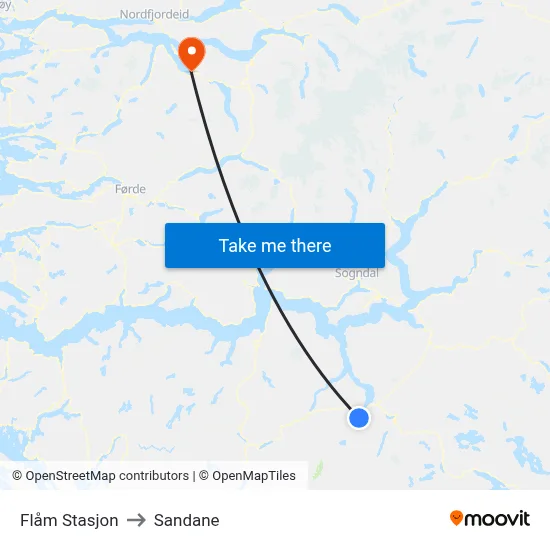 Flåm Stasjon to Sandane map