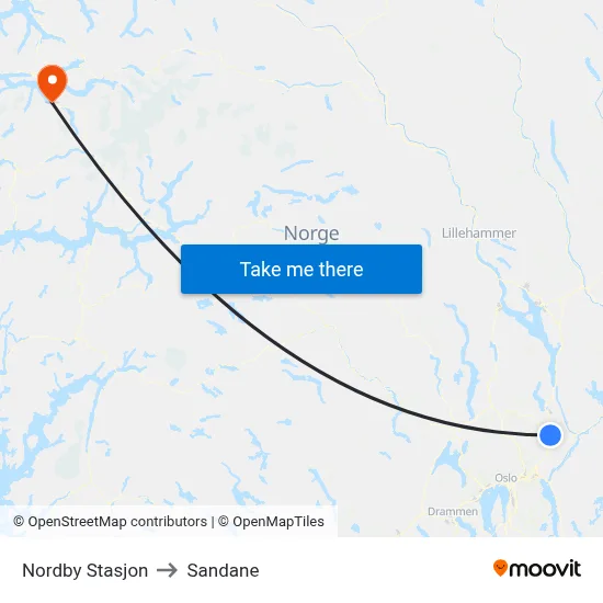 Nordby Stasjon to Sandane map