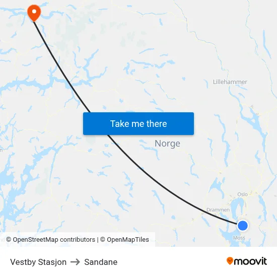Vestby Stasjon to Sandane map