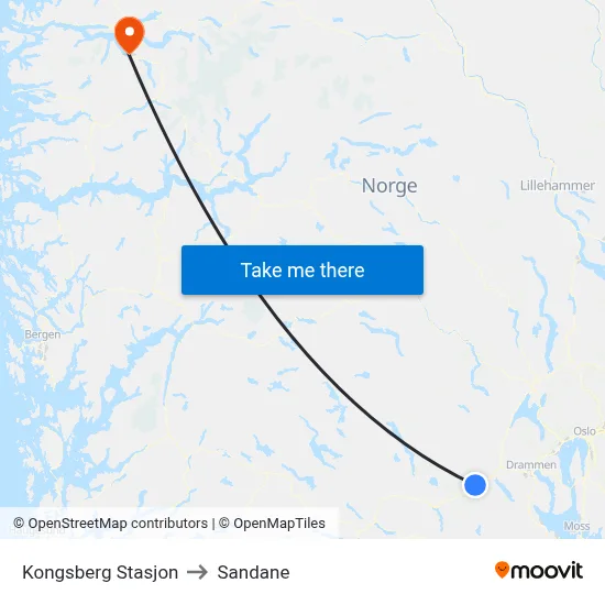 Kongsberg Stasjon to Sandane map
