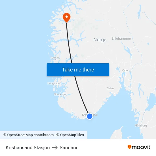 Kristiansand Stasjon to Sandane map
