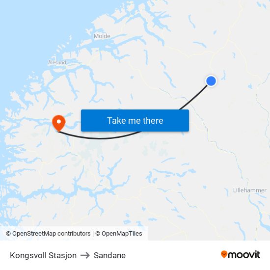 Kongsvoll Stasjon to Sandane map