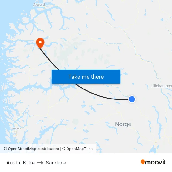 Aurdal Kirke to Sandane map