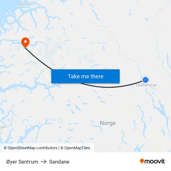 Øyer Sentrum to Sandane map