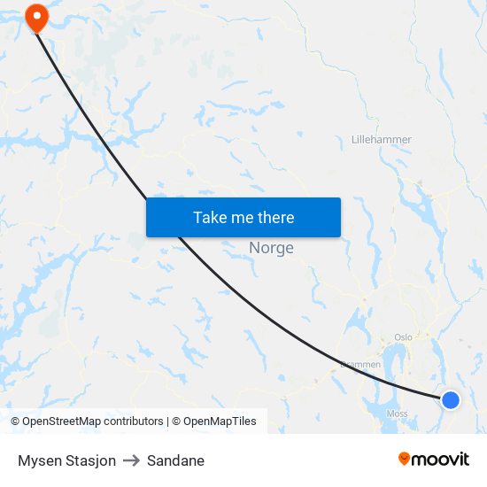 Mysen Stasjon to Sandane map