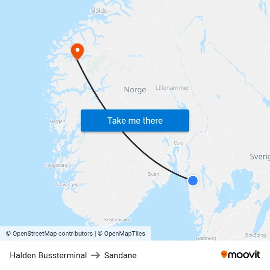 Halden Bussterminal to Sandane map