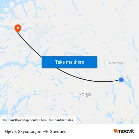 Gjøvik Skysstasjon to Sandane map