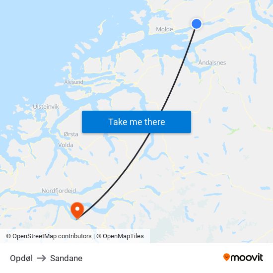 Opdøl to Sandane map