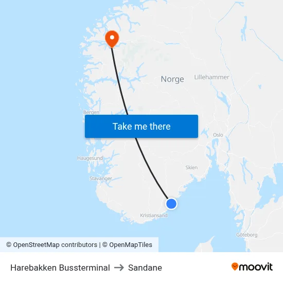Harebakken Bussterminal to Sandane map