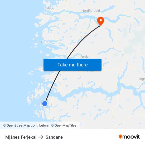 Mjånes Ferjekai to Sandane map