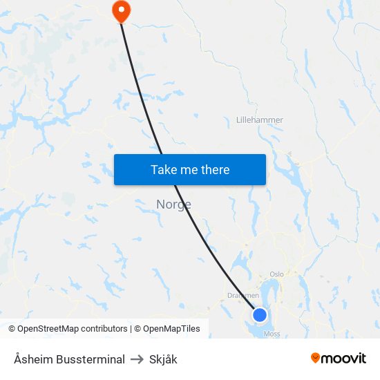 Åsheim Bussterminal to Skjåk map