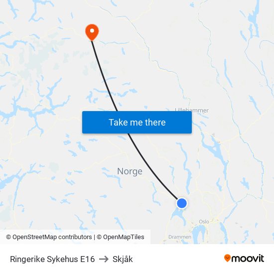 Ringerike Sykehus E16 to Skjåk map