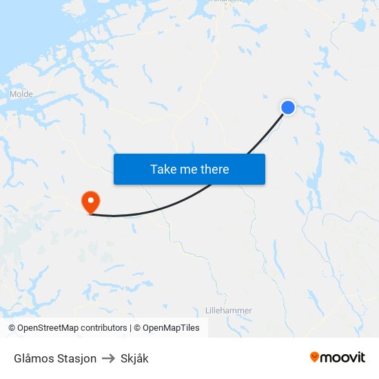 Glåmos Stasjon to Skjåk map